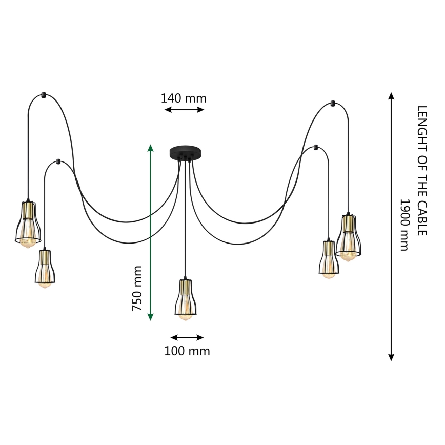 Luster na sajli TUBE 5xE27/15W/230V pauk crna/zlatna