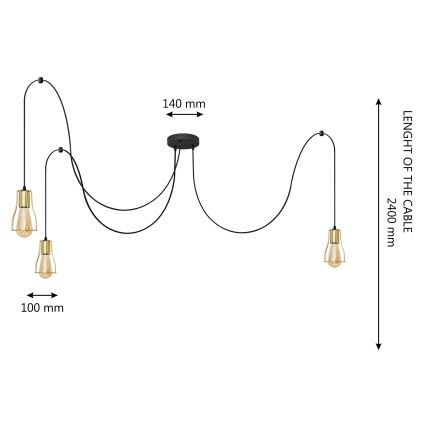 Luster na sajli TUBE LONG 3xE27/10W/230V crna/zlatna