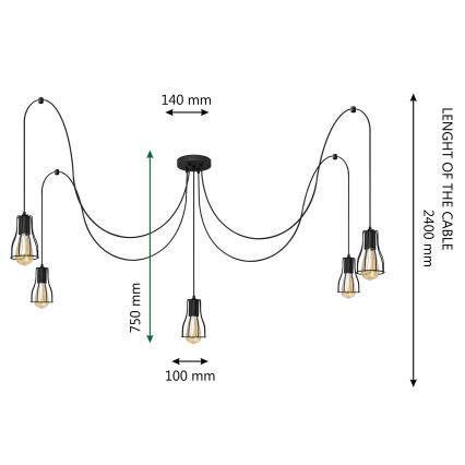 Luster na sajli TUBE LONG 5xE27/10W/230V crna