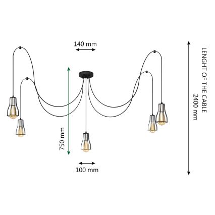 Luster na sajli TUBE LONG 5xE27/15W/230V crna/krom