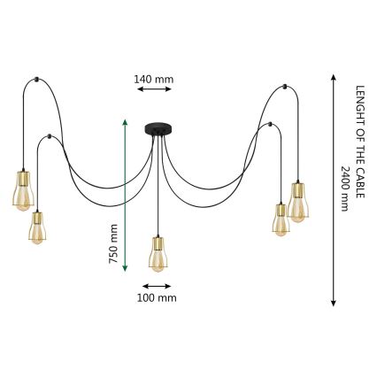 Luster na sajli TUBE LONG 5xE27/15W/230V crna/zlatna