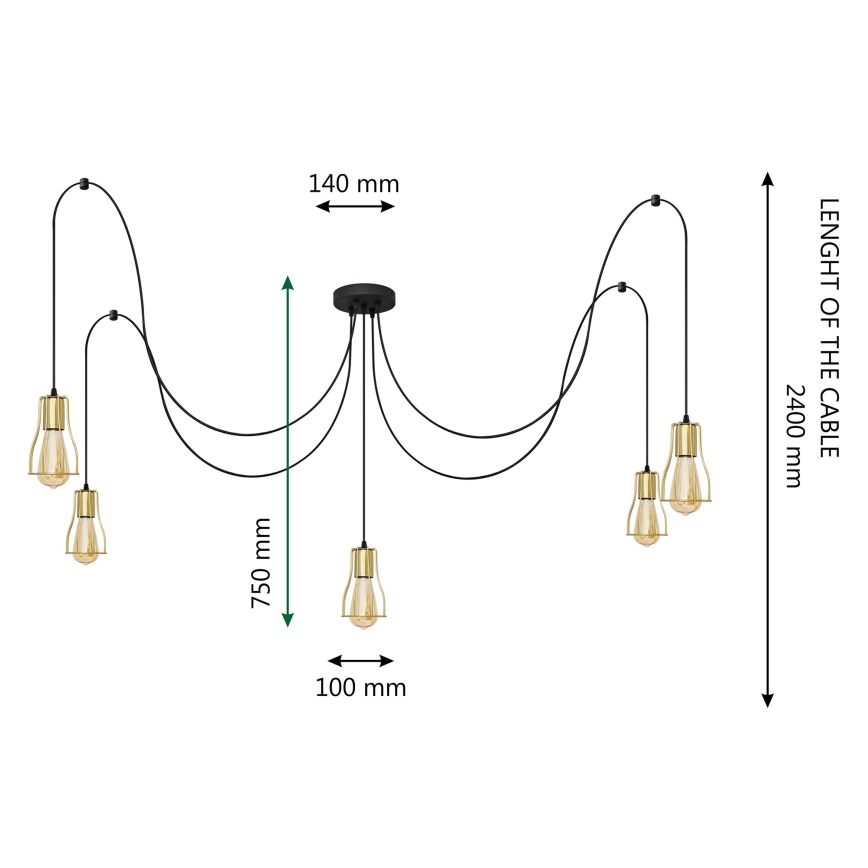 Luster na sajli TUBE LONG 5xE27/15W/230V crna/zlatna