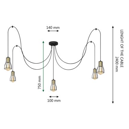 Luster na sajli TUBE LONG 5xE27/15W/230V crna/zlatna