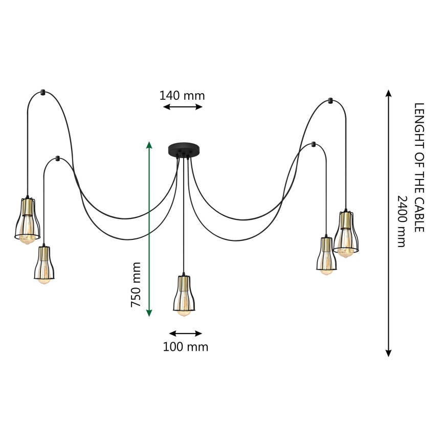 Luster na sajli TUBE LONG 5xE27/15W/230V crna/zlatna