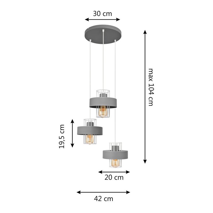 Luster na sajli VOLTA 3xE27/15W/230V pr. 42 cm siva