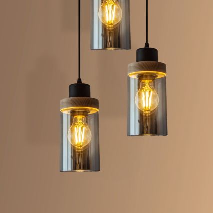 Luster na sajli WOODNEST 3xE27/15W/230V borovina/dimljeno crna