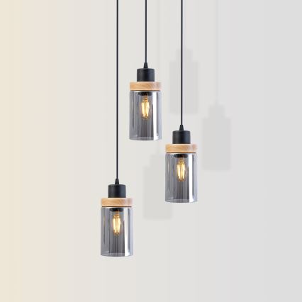Luster na sajli WOODNEST 3xE27/15W/230V borovina/dimljeno crna