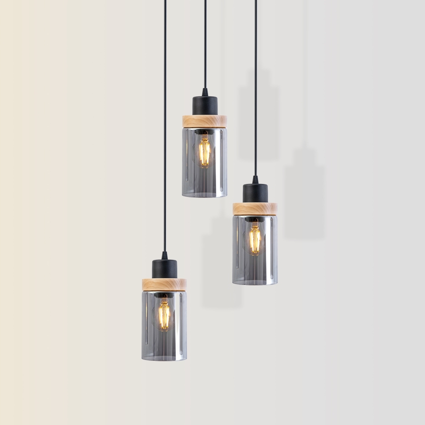 Luster na sajli WOODNEST 3xE27/15W/230V borovina/dimljeno crna