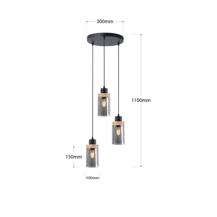 Luster na sajli WOODNEST 3xE27/15W/230V borovina/dimljeno crna
