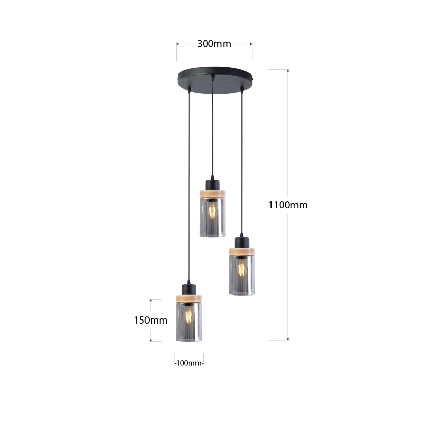 Luster na sajli WOODNEST 3xE27/15W/230V borovina/dimljeno crna