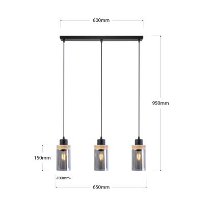 Luster na sajli WOODNEST 3xE27/15W/230V borovina/dimno crna