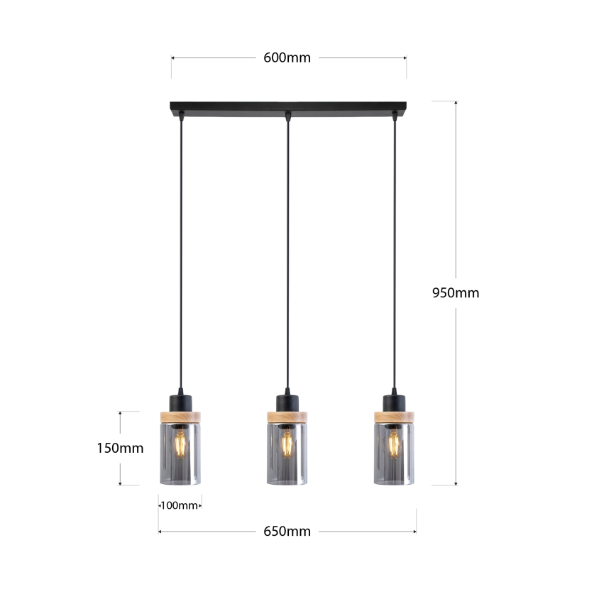 Luster na sajli WOODNEST 3xE27/15W/230V borovina/dimno crna