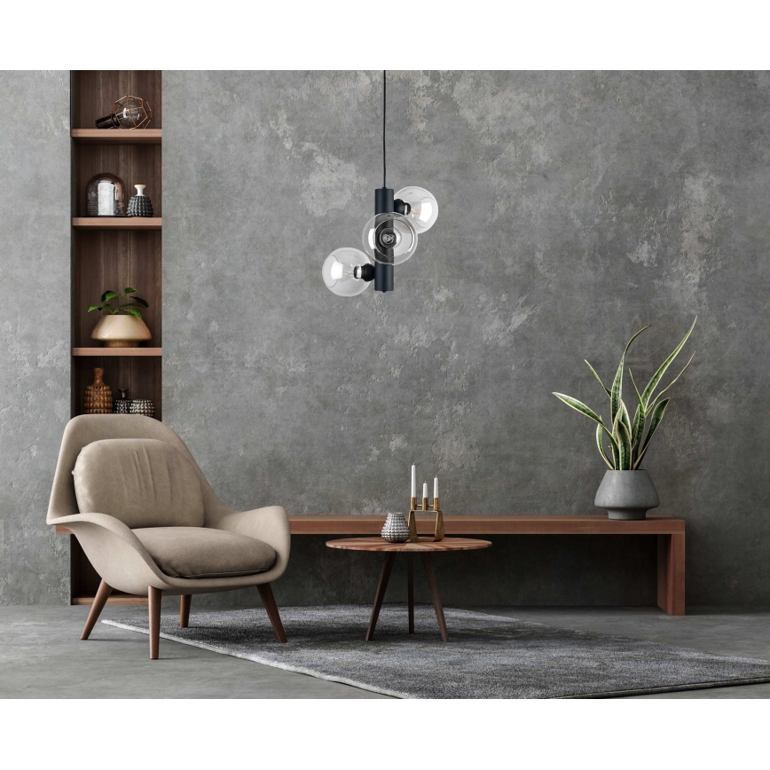 Luster na užetu TUBE 3xE27/60W/230V crna/prozirna