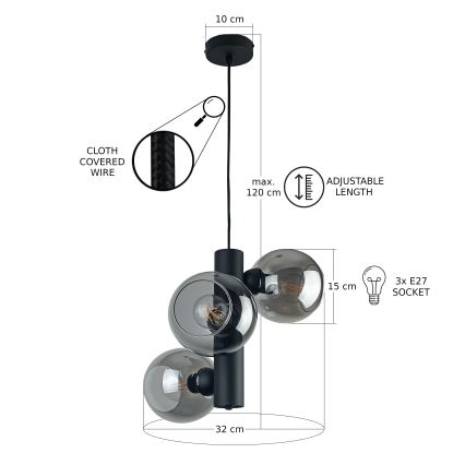 Luster na užetu TUBE 3xE27/60W/230V crna/dim crna