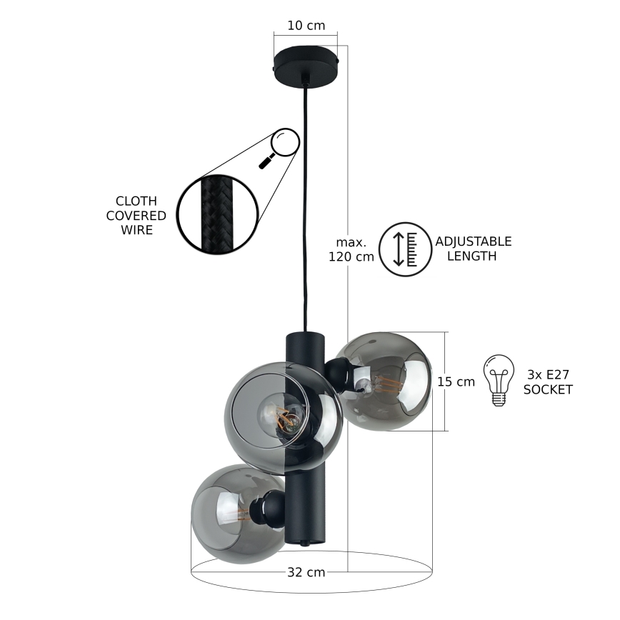 Luster na užetu TUBE 3xE27/60W/230V crna/dim crna