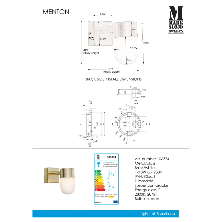 Markslöjd 106374 - Zidna svjetiljka za kupaonicu MENTON 1xG9/18W/230V IP44