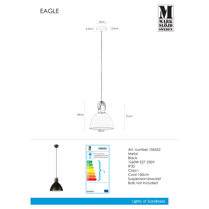 Markslöjd 106552 - Luster na sajli EAGLE 1xE27/60W/230V crna
