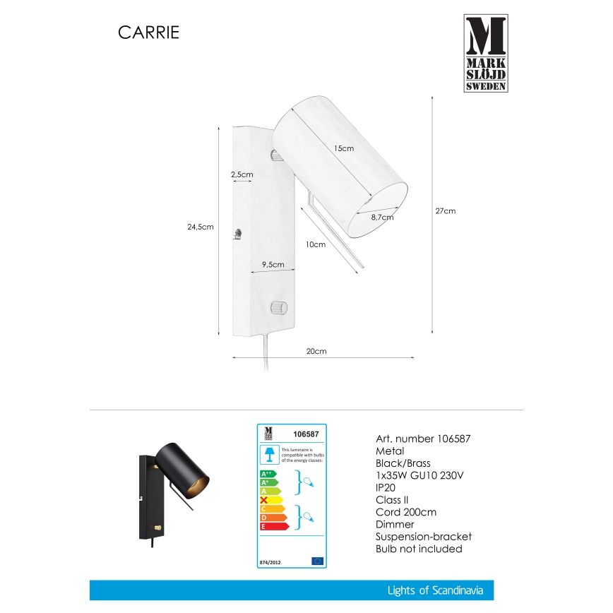 Markslöjd 106587 - Zidna svjetiljka za prigušivanje CARRIE 1xGU10/35W/230V crna