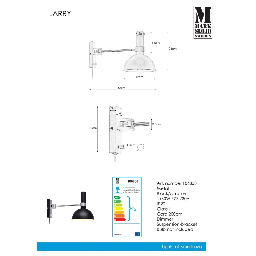 Markslöjd 106970 - Prigušiva zidna svjetiljka LARRY 1xE27/60W/230V