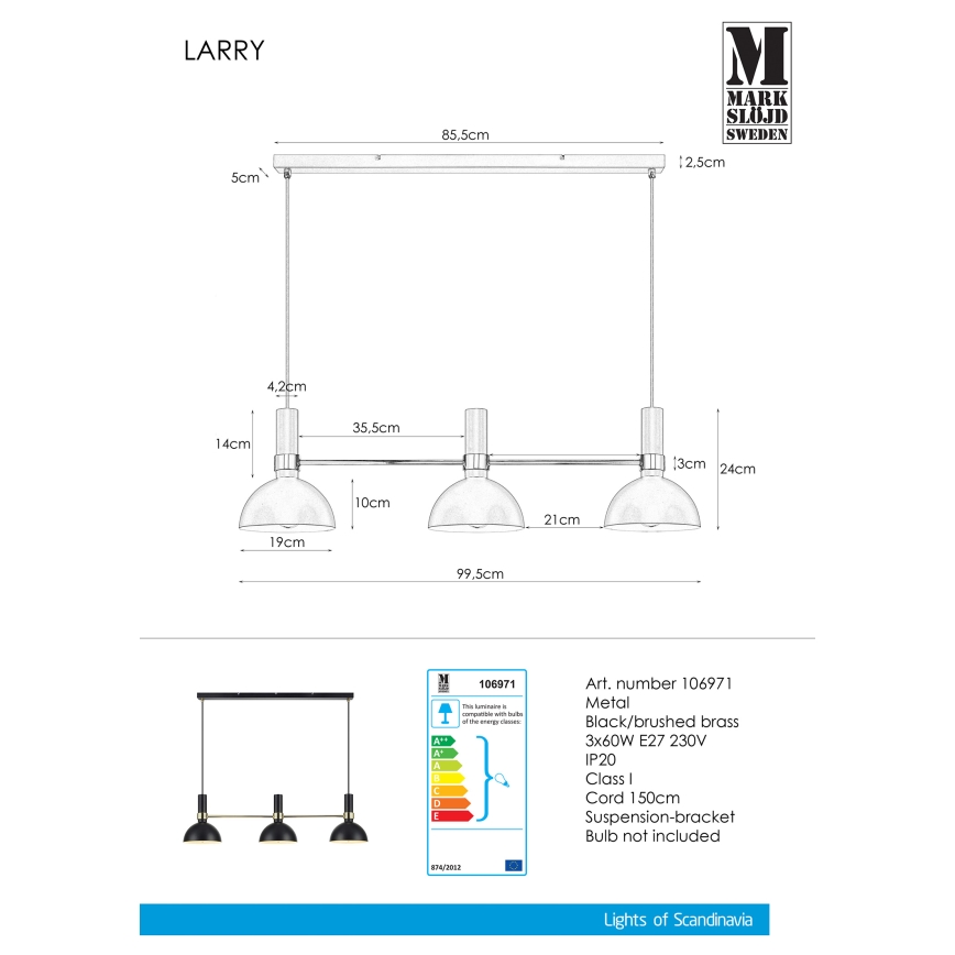 Markslöjd 106971 - Luster na sajli LARRY 3xE27/60W/230V crna/zlatna