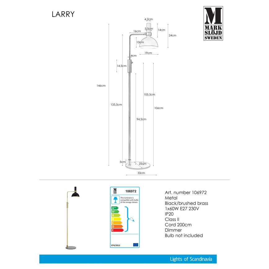 Markslöjd 106972 - Stojna svjetiljka za prigušivanje LARRY 1xE27/60W/230V crna/zlatna