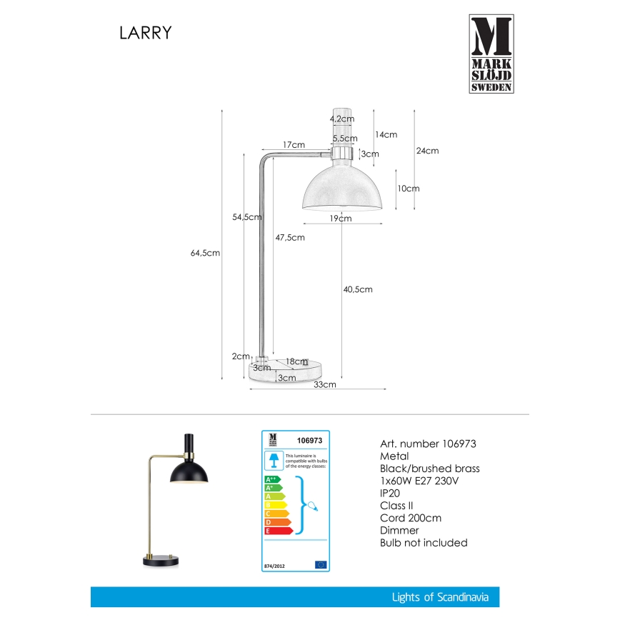 Markslöjd 106973 - Stolna svjetiljka za prigušivanje LARRY 1xE27/60W/230V crna/zlatna