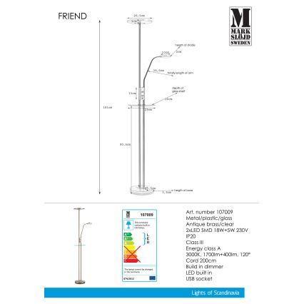 Markslöjd 107009 - LED Prigušiva podna lampa FRIEND LED/18W/230V + LED/5W