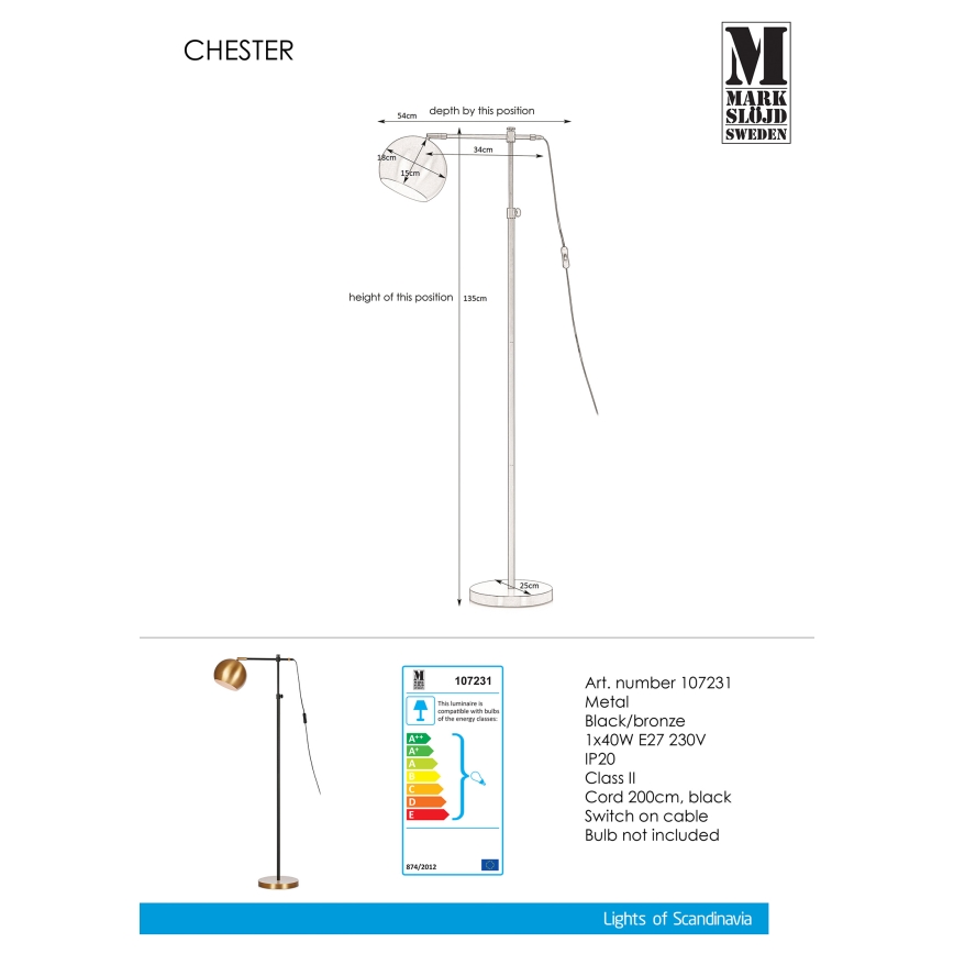 Markslöjd 107231 - Podna lampa CHESTER 1xE27/40W/230V crna/bronca