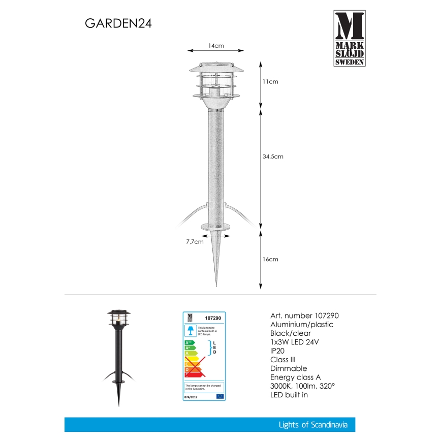 Markslöjd 107290 - LED Vanjska lampa GARDEN 24 LED/3W/24V 45 cm IP44 crna