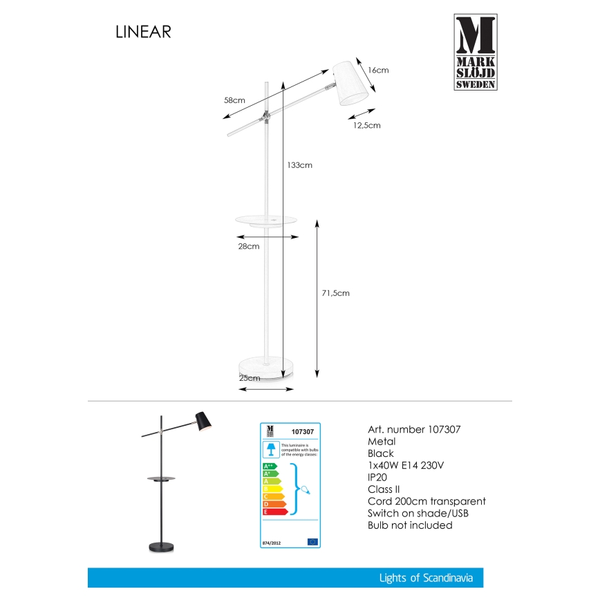 Markslöjd 107307 - Podna lampa s USB priključkom LINEAR 1xE14/40W/230V
