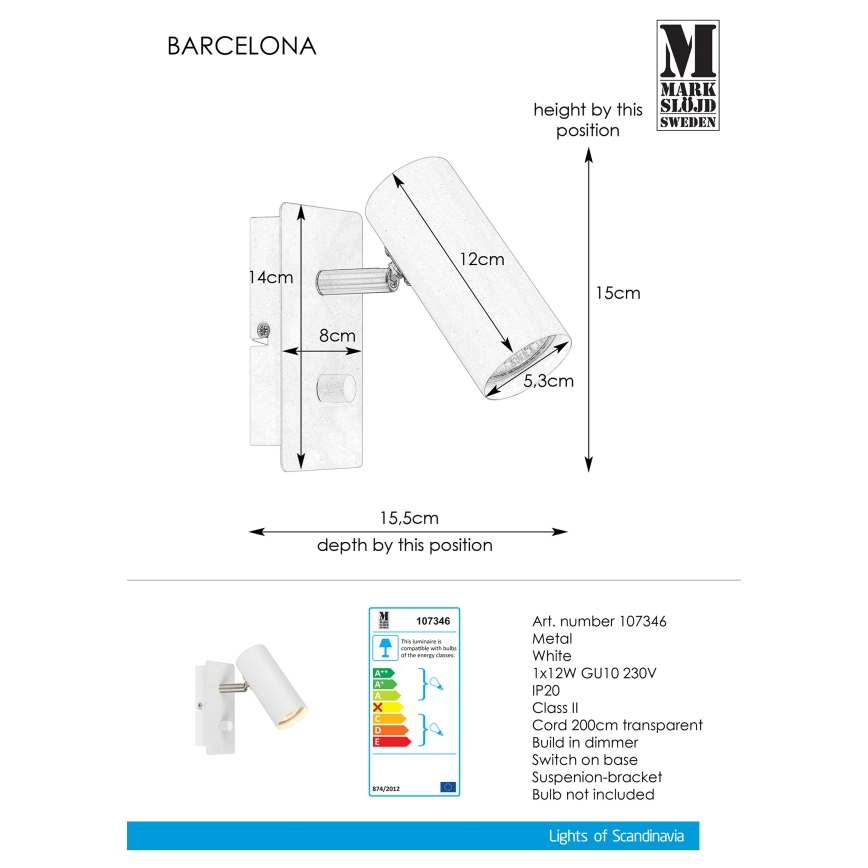 Markslöjd 107346 - Prigušiva zidna reflektorska svjetiljka BARCELONA 1xGU10/12W/230