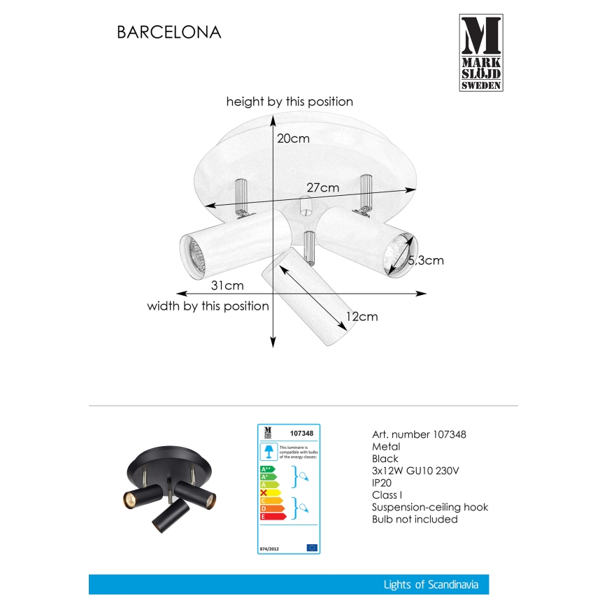 Markslöjd 107348 - Reflektorska svjetiljka BARCELONA 3xGU10/12W/230V