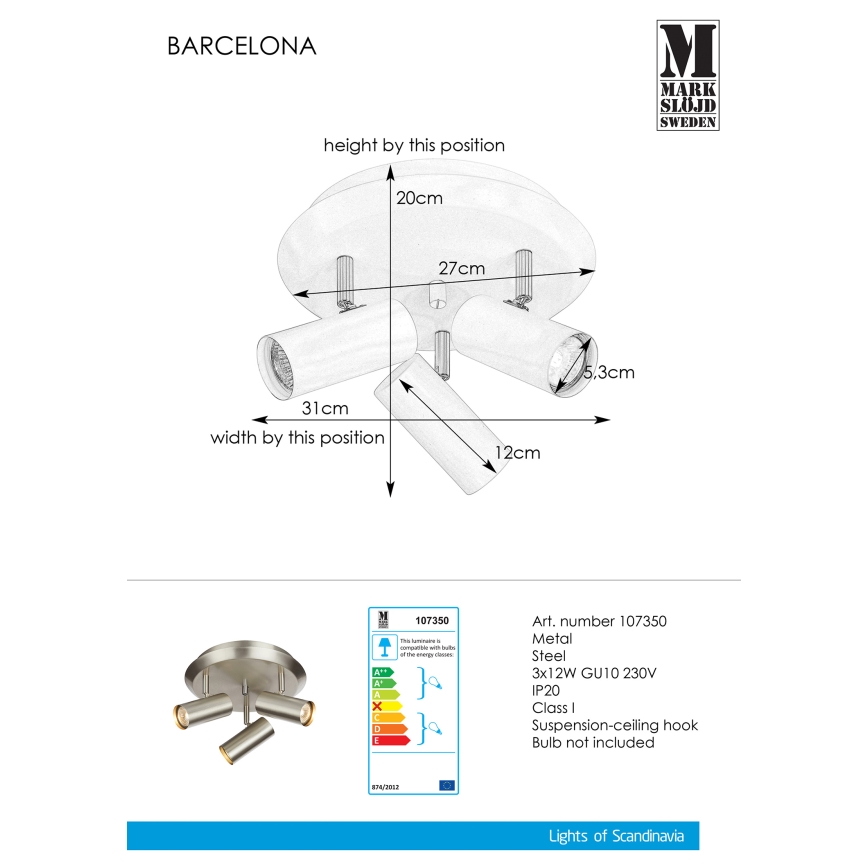Markslöjd 107350 - Reflektorska svjetiljka BARCELONA 3xGU10/12W/230V