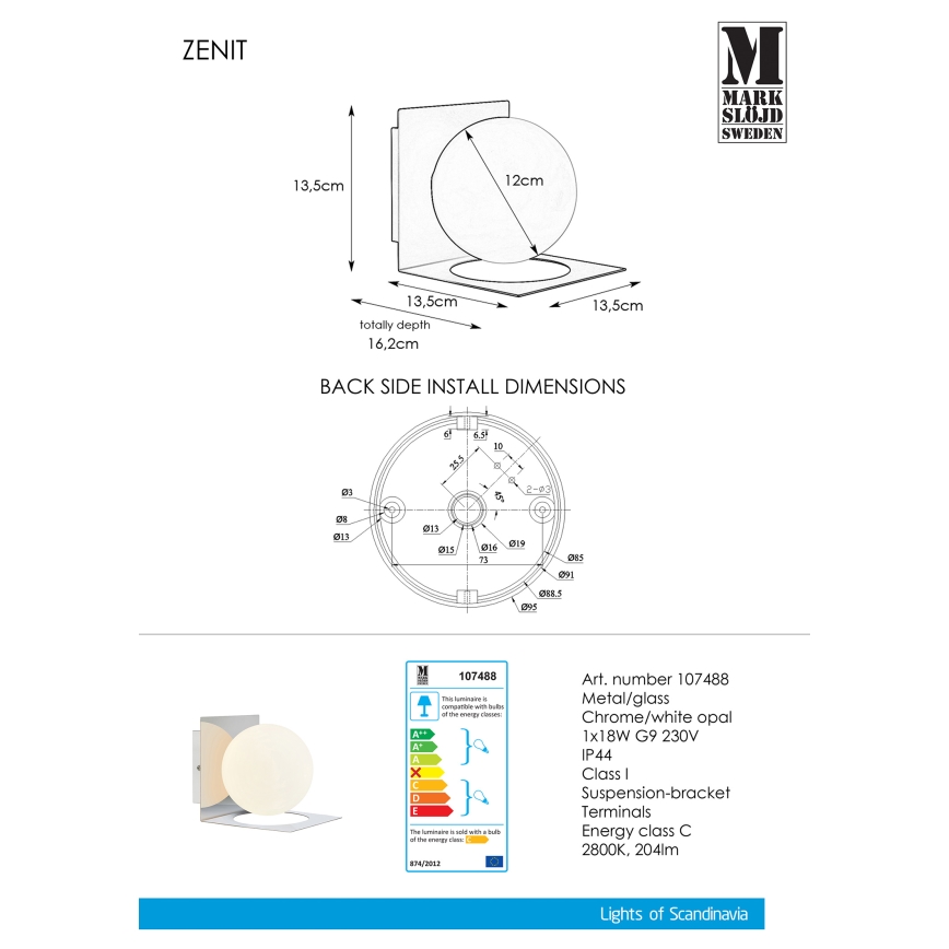 Markslöjd 107488 - Zidna svjetiljka za kupaonicu ZENIT 1xG9/18W/230V IP44