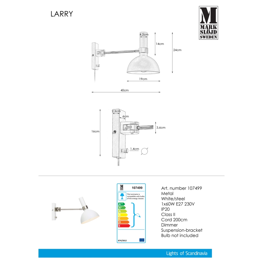Markslöjd 107499 - Prigušiva zidna svjetiljka LARRY 1xE27/60W/230V