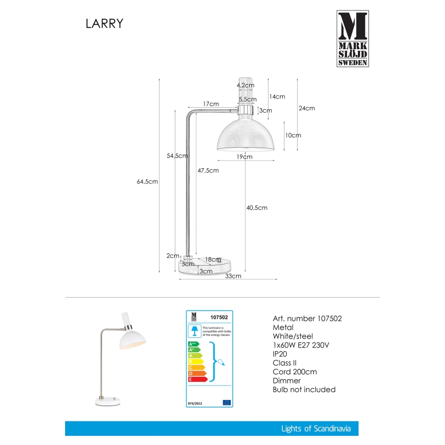 Markslöjd 107502 - Prigušiva stolna lampa LARRY 1xE27/60W/230V