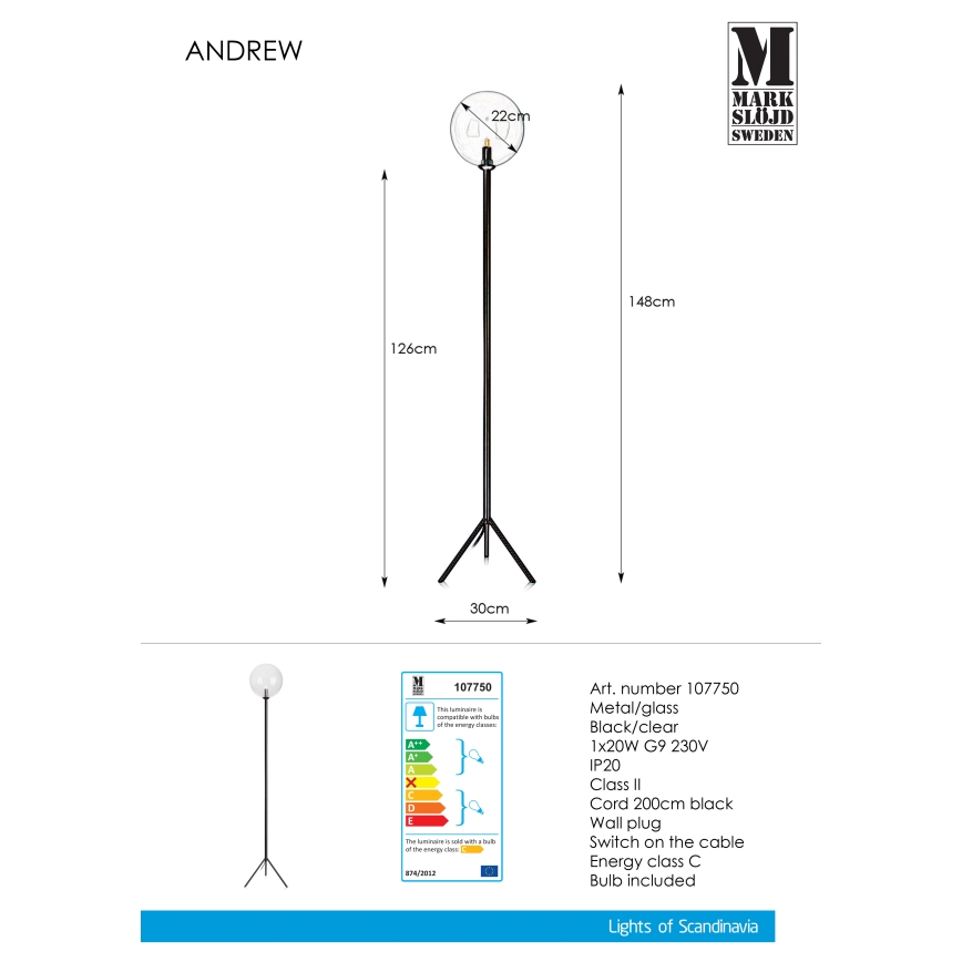 Markslöjd 107750 - Podna lampa ANDREW 1xG9/20W/230V