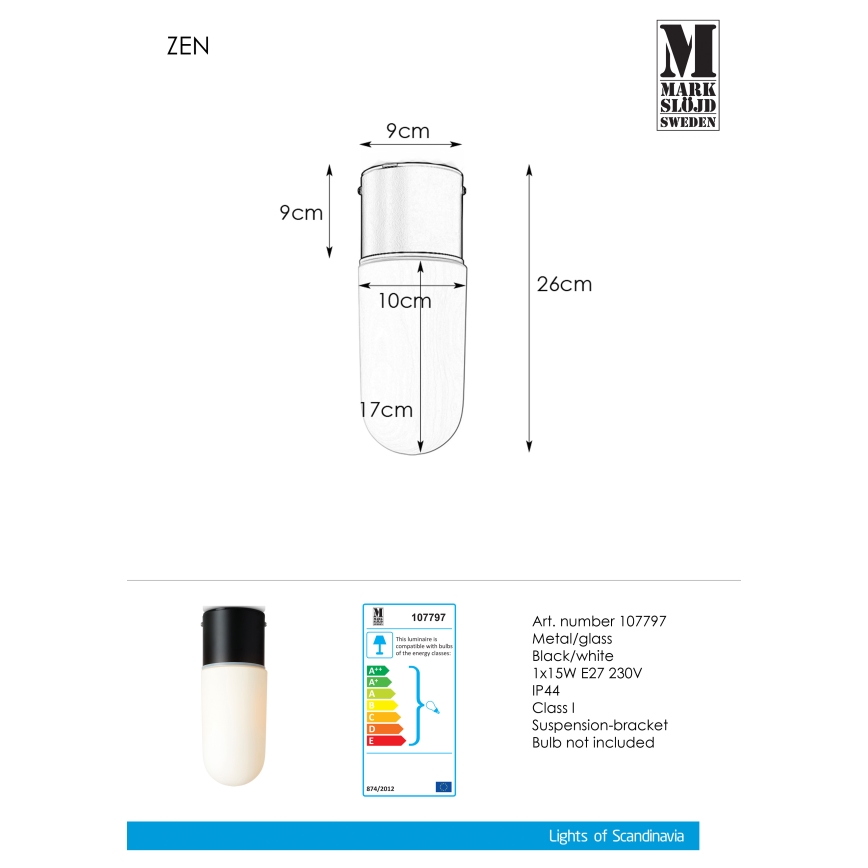 Markslöjd 107797 - Stropna svjetiljka za kupaonicu ZEN 1xE27/15W/230V IP44