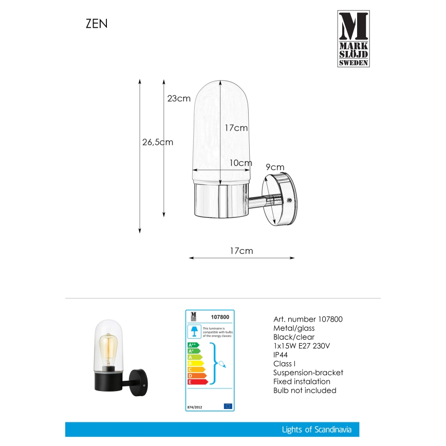Markslöjd 107800 - Zidna svjetiljka za kupaonicu ZEN 1xE27/15W/230V IP44