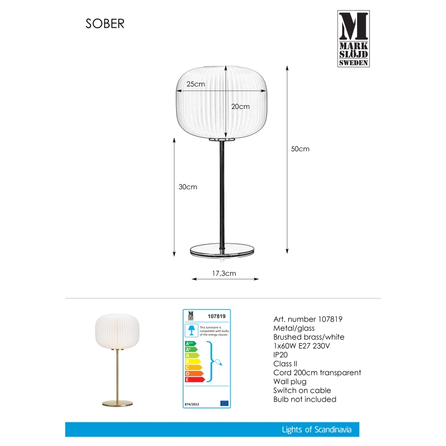 Markslöjd 107819 - Stolna lampa SOBER 1xE27/60W/230V bijela/mesing