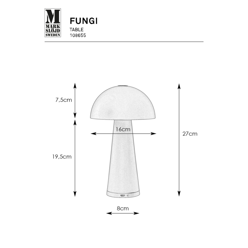 Markslöjd 108655 - LED Prigušiva punjiva lampa FUNGI LED/1,5W/5V IP44 crna