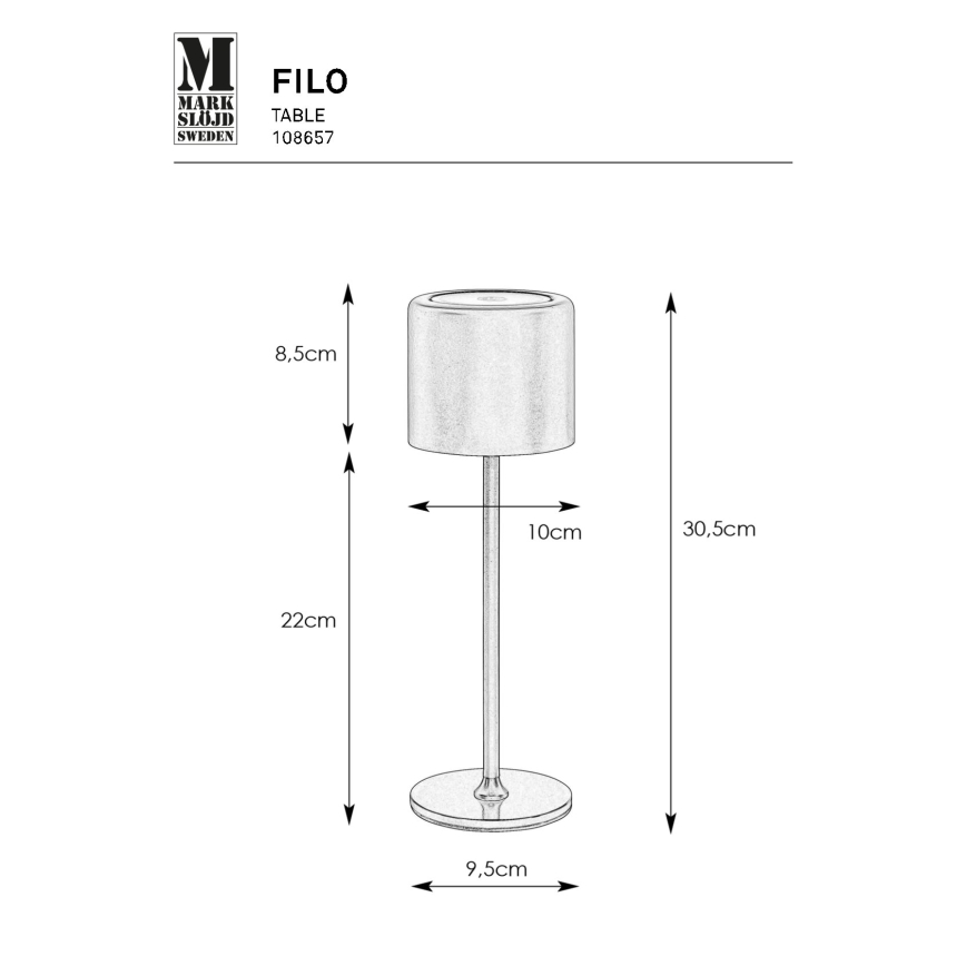 Markslöjd 108657 - LED Prigušiva punjiva stolna lampa FILO LED/2W/5V IP44 30 cm crna