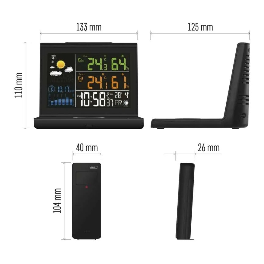Meteostanica s bežičnim punjenjem 5V, 2xAA + 2xAAA, crna