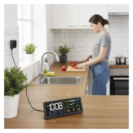 Meteostanica s LCD zaslonom u boji i budilicom 5V 3xAAA + 2xAA crna