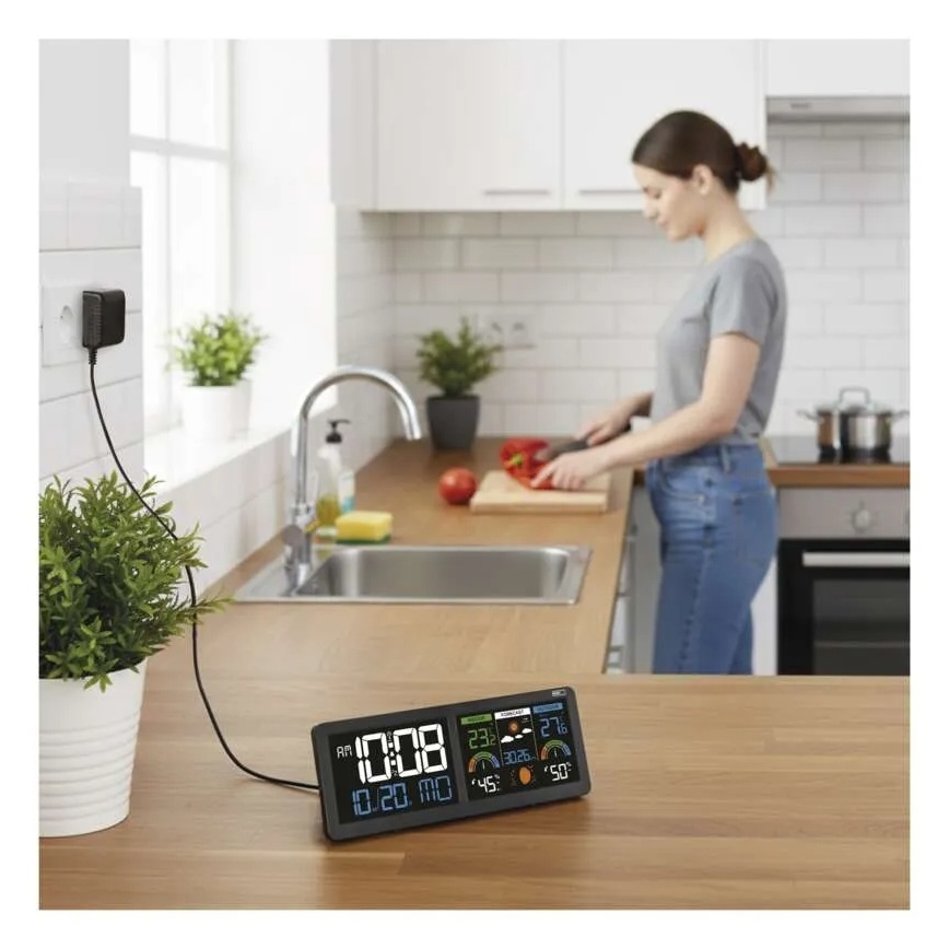 Meteostanica s LCD zaslonom u boji i budilicom 5V 3xAAA + 2xAA crna