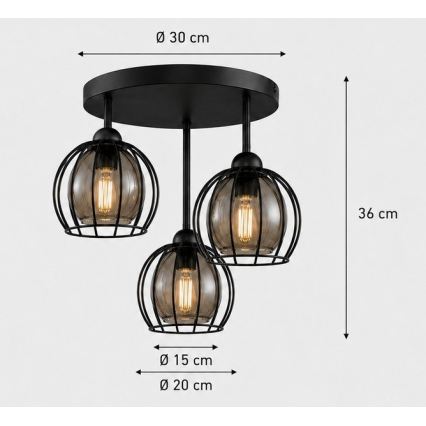 Nadgradni luster SOLO BLACK 3xE27/60W/230V crna/dimna pr. 30 cm