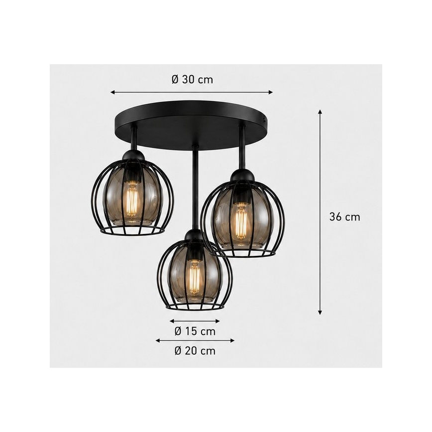 Nadgradni luster SOLO BLACK 3xE27/60W/230V crna/dimna pr. 30 cm