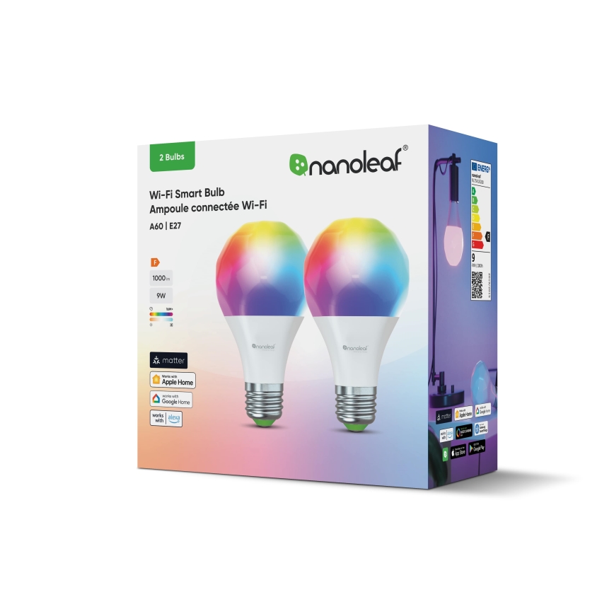 Nanoleaf - SET 2x LED RGBW Prigušiva žarulja ESSENTIALS MATTER A19 E27/9W/230V 2700-6500K CRI 90 Wi-Fi