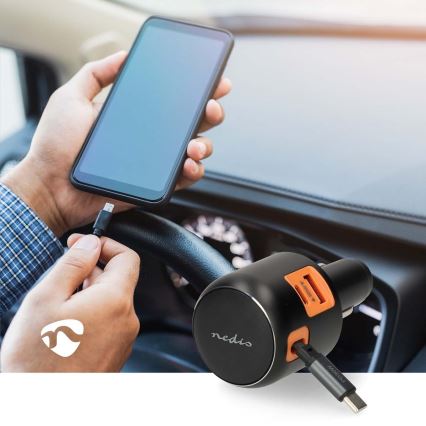 Auto punjač s uvlačivim kabelom i Power Delivery 30 W — 2× USB-C + 1× USB-A