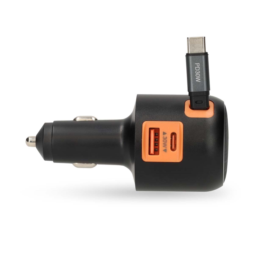 Auto punjač s uvlačivim kabelom i Power Delivery 30 W — 2× USB-C + 1× USB-A